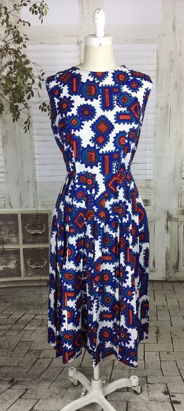 Original 1950s 50s Vintage Aztec Novelty Print Acetate Day Dress