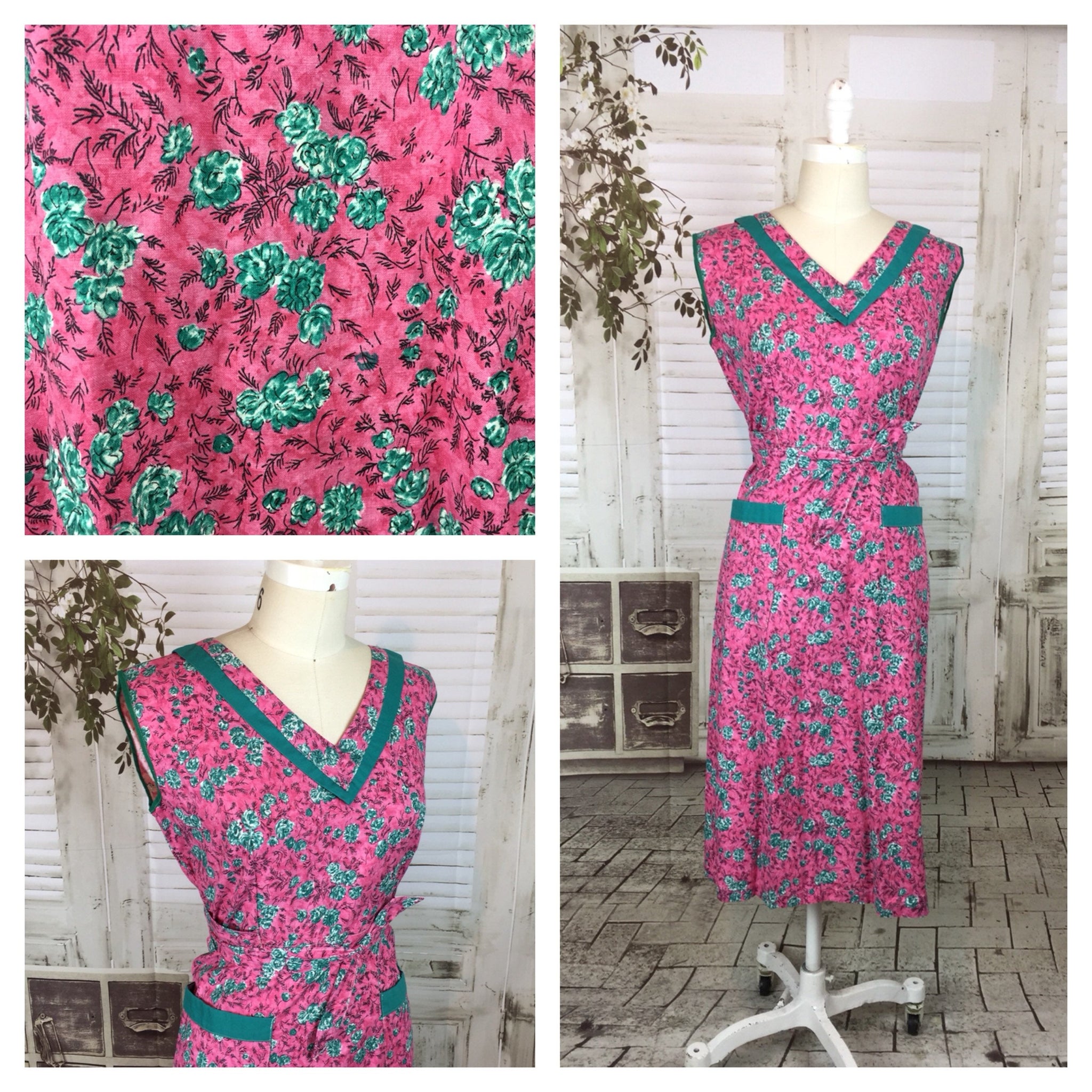 Original 1950s Vintage Pink And Green Housedress NICO