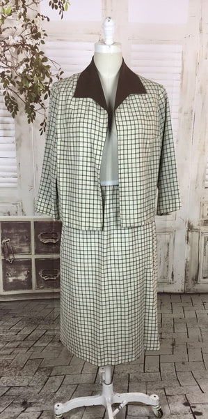 Original Late 1950s Vintage Brown And White Plaid Cheque Skirt Suit London Town