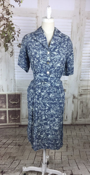 Original 1940s 40s Vintage Blue And White Novelty Print Volup Day Dress