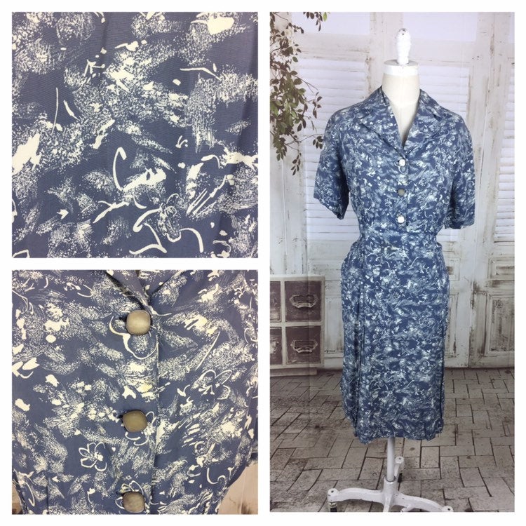 Original 1940s 40s Vintage Blue And White Novelty Print Volup Day Dress