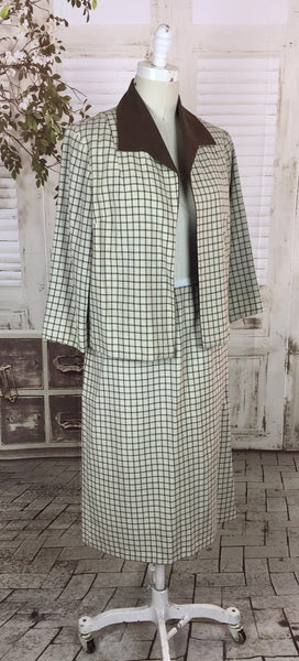 Original Late 1950s Vintage Brown And White Plaid Cheque Skirt Suit London Town