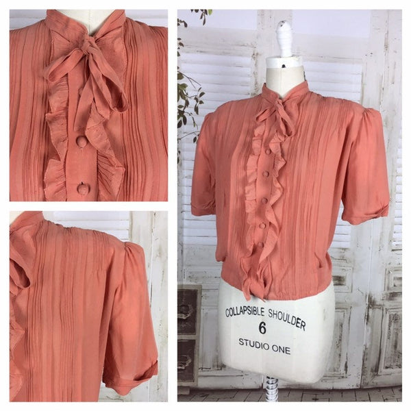 RESERVED ON LAYAWAY FOR KELLY - PLEASE DO NOT PURCHASE - Rare Original Vintage Volup 1930s 30s Salmon Crepe Blouse With Puff Sleeves And Ruffle