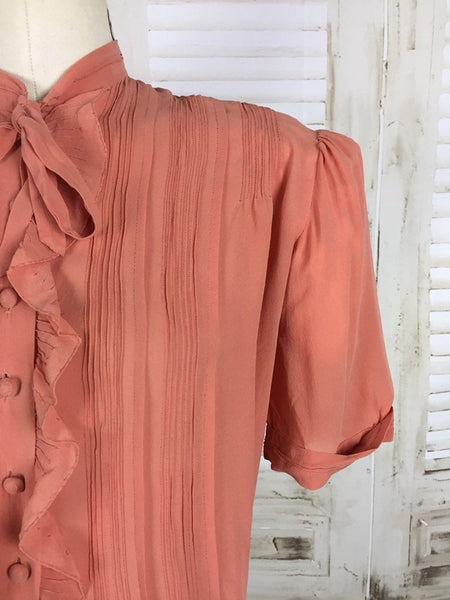 RESERVED ON LAYAWAY FOR KELLY - PLEASE DO NOT PURCHASE - Rare Original Vintage Volup 1930s 30s Salmon Crepe Blouse With Puff Sleeves And Ruffle