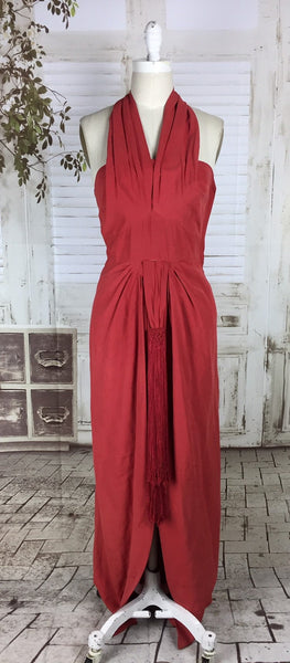 Original 1940s 40s Vintage Red Halter Neck Evening Dress With Draping And Passementerie Tassels
