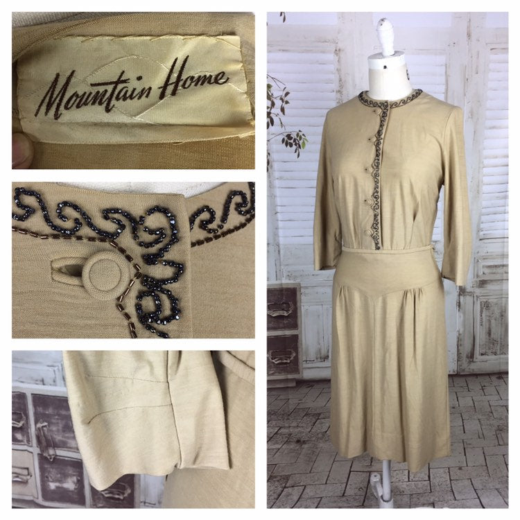 Original 1950s 50s Sand Beige Beaded Vintage Wool Dress Mountain Home