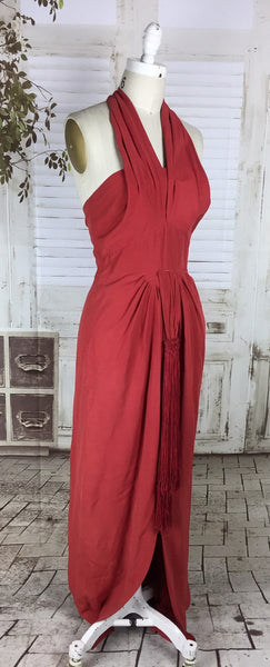 Original 1940s 40s Vintage Red Halter Neck Evening Dress With Draping And Passementerie Tassels