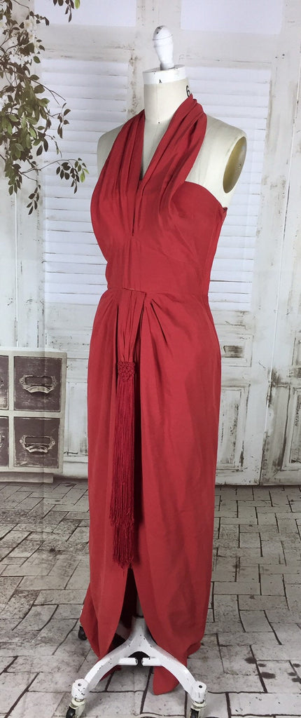 Original 1940s 40s Vintage Red Halter Neck Evening Dress With Draping Black Sheep Antiques Original 1940s 40s Vintage Red Halter Neck Evening Dress With Draping Black Sheep Antiques