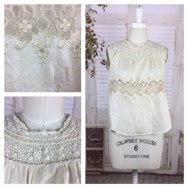 Original 1920s Vintage Silk And Lace Blouse With Embroidered Flowers and Pintucks