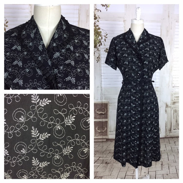 Original 1940s 40s Vintage Black Novelty Print Dress With Ruffles And Diamante Buttons Leaf Pattern
