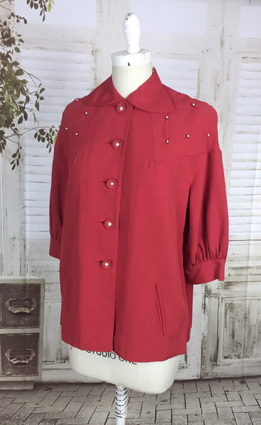 Original 1950s Red Gabardine Ladies Vintage Swing Jacket With Faux Pearl Embellishment By Johnstons California