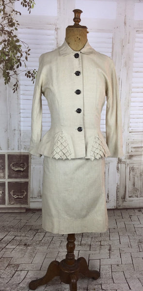 Original 1940s 40s Vintage Petite Cream Linen Summer Skirt Suit With Origami Hip Detail By Sara Simon