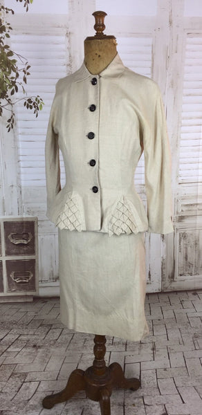 Original 1940s 40s Vintage Petite Cream Linen Summer Skirt Suit With Origami Hip Detail By Sara Simon