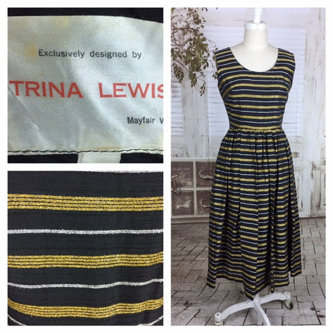 Original 1950s Black Silk Mix Dress With Silver And Gold Lurex Stripes By Trina Lewis