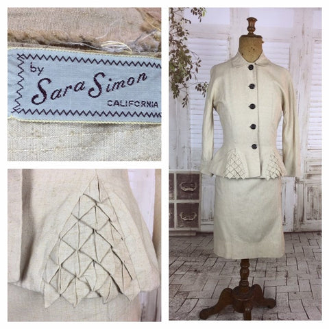 Original 1940s 40s Vintage Petite Cream Linen Summer Skirt Suit With Origami Hip Detail By Sara Simon