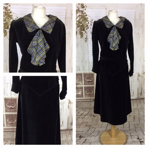 Original 1940s 40s Vintage Dress Black Velvet Taffetta Plaid Bow Necktie