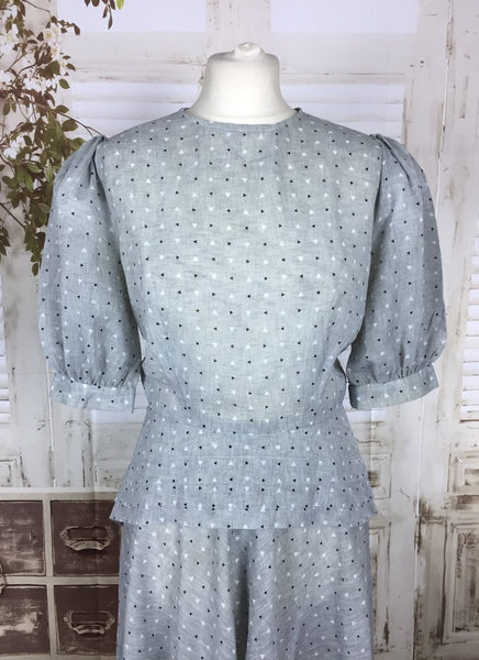 Original 1940s 40s Vintage Grey Diamond Print Dress With Puff Sleeves And Double Peplum