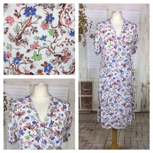Original 1940s 40s Vintage White Crepe Novelty Print Of Trees And Flowers Wrap Day Dress