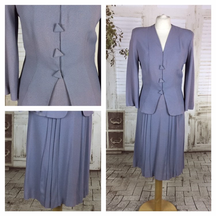 Original 1940s 40s Vintage Lavender Lilac Crepe Skirt Suit With Triangular Buttons
