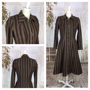 Original 1940s 40s Vintage Brown Striped Wool Coat With Zipper Front