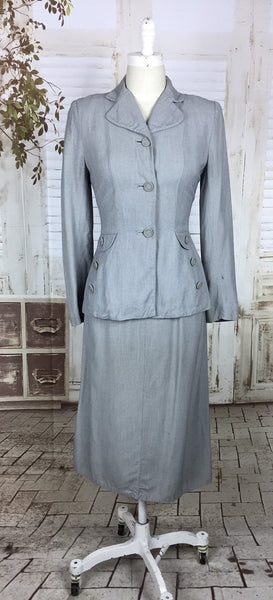 Original 1940s 40s Vintage Light Blue Grey Cotton Skirt With Button Decoration