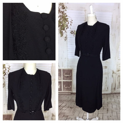 Original 1940s 40s Vintage Black Crepe Day Dress With Embroidered And Panelled Bodice