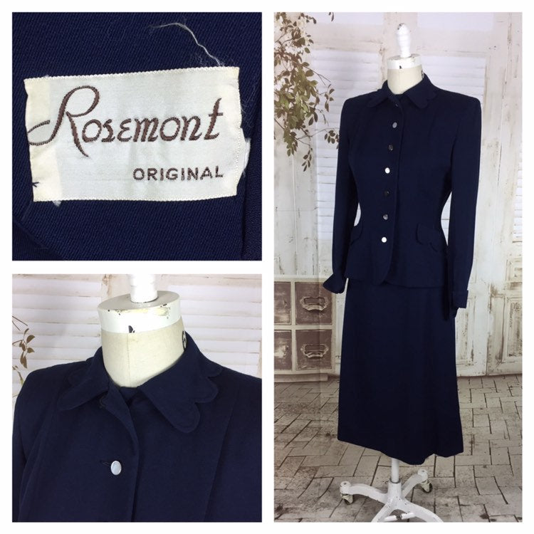 Original 1940s 40s Vintage Navy Blue Ladies Gab Gabardine Skirt Suit By Rosemont