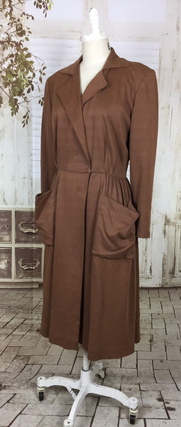 Original 1940s 40s Vintage Brown Gabardine Faux Suede Princess Coat
