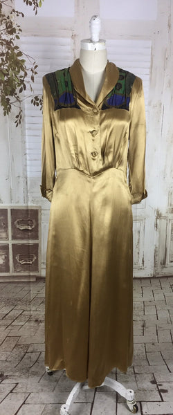 Original 1940s 40s Vintage Gold Satin Evening Dress With Peacock Lamé Panels