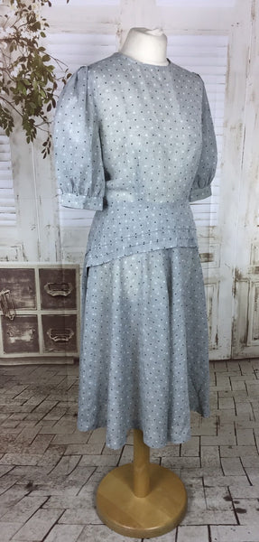 Original 1940s 40s Vintage Grey Diamond Print Dress With Puff Sleeves And Double Peplum