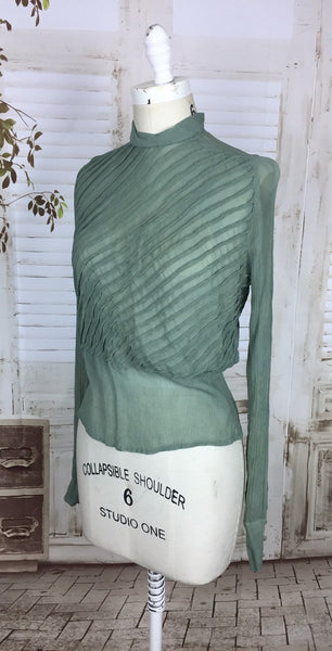 Original 1940s 40s Vintage Textured Diagonal Stripe Eau De Nil Chiffon Blouse With Double Elevens Utility Label