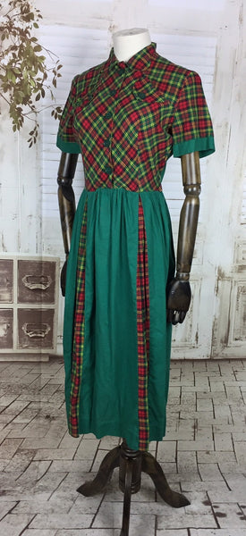 Original 1940s 40s Vintage Green And Red Plaid Cotton Dress With Pleated Skirt