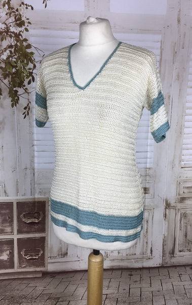 RESERVED FOR GERI - PLEASE DO NOT PURCHASE - Original 1920s 20s Vintage White And Pale Blue Sailor Knit Jumper Art Deco
