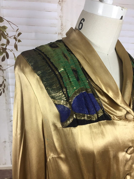 Original 1940s 40s Vintage Gold Satin Evening Dress With Peacock Lamé Panels