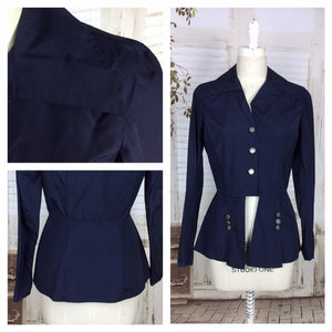 Original 1940s 40s Vintage Navy Blue Taffeta Riding Jacket With Peplum And Mother Of Pearl Buttons