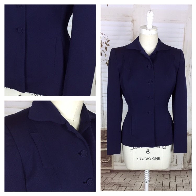 Original 1940s 40s Vintage Navy Blue Gabardine Gab Jacket With Slit Pocket Decoration