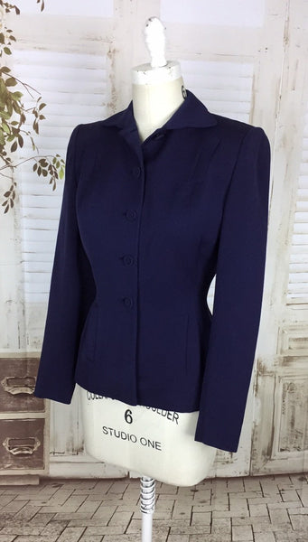Original 1940s 40s Vintage Navy Blue Gabardine Gab Jacket With Slit Pocket Decoration
