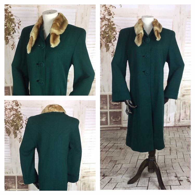 Original 1940s 40s Vintage Emerald Green Wool Coat With Faux Fur Collar With Panelled Back