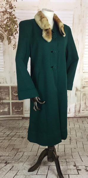 Original 1940s 40s Vintage Emerald Green Wool Coat With Faux Fur Collar With Panelled Back