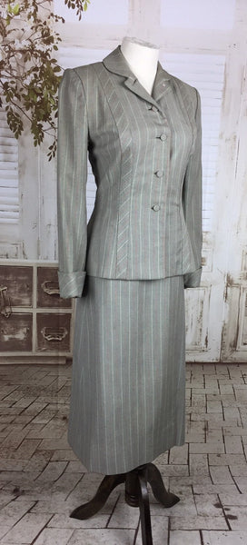Original 1940s 40s Vintage Grey Wool Skirt Suit With Red Pinstripe