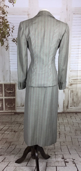 Original 1940s 40s Vintage Grey Wool Skirt Suit With Red Pinstripe