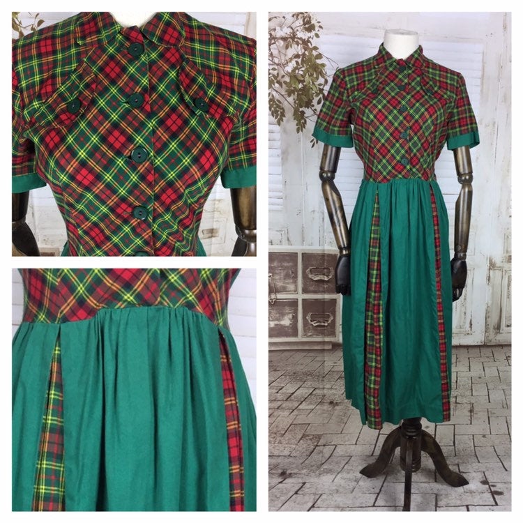 Original 1940s 40s Vintage Green And Red Plaid Cotton Dress With Pleated Skirt