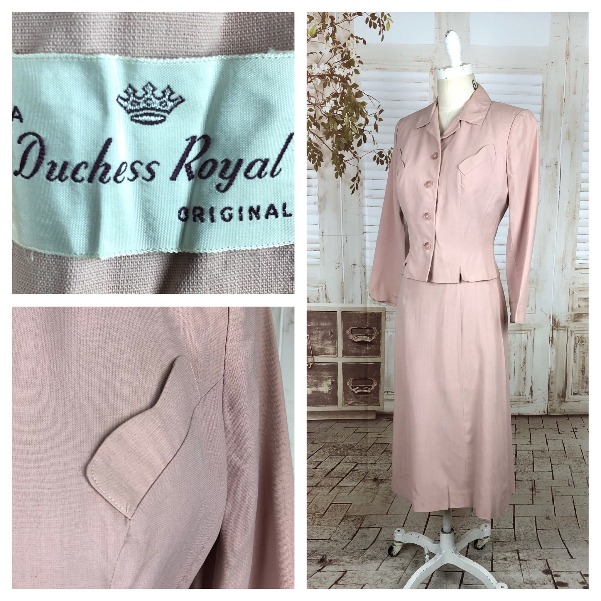 Original 1940s 40s Vintage Pink Starched Cotton Skirt Suit By Duchess Royal
