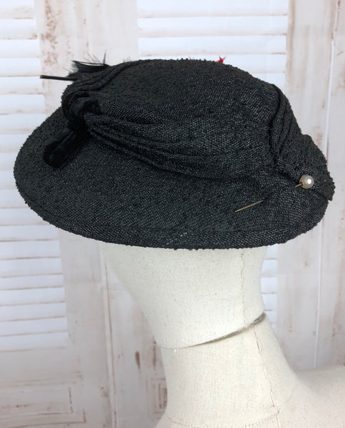 Original 1950s 50s Vintage Black Straw New Look Hat with Feathers