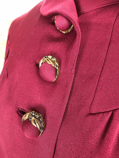 Incredible Original Late 1930s / Early 1940s Burgundy Swing Coat With incredible Hand Buttons