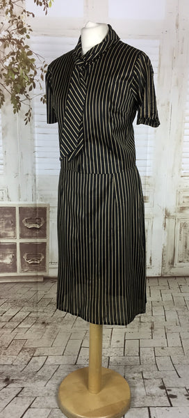 Original 1940s 40s Vintage Black And Gold Stripe Nylon Ladies Skirt Suit With Tie Bow Volup