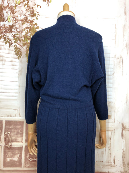 Beautiful Original Late 1940s / Early 1950s Volup Vintage Sapphire Blue Knit Dress By Kims