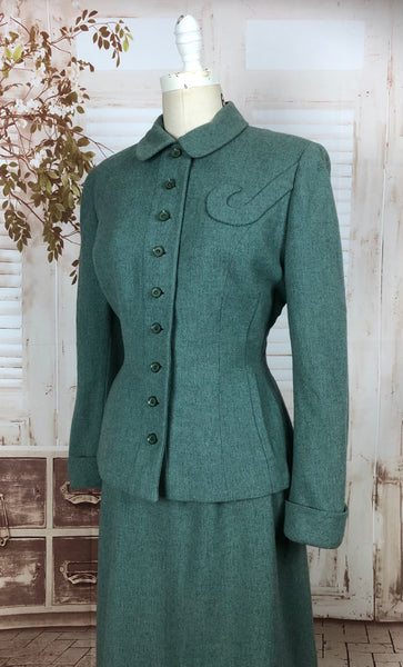 Original Late 1940s 40s Vintage Aqua Turquoise Tweed Suit By Rothmoor