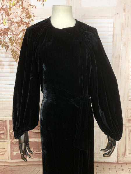 RESERVED FOR DAWN - PLEASE DO NOT PURCHASE - Original 1930s 30s Vintage Black Rayon Velvet Femme Fatale Evening Dress With Incredible Bishop Sleeves