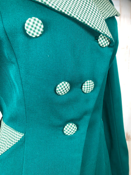 Incredible Original 1940s 40s Vintage Emerald Green Blazer With Gingham Details